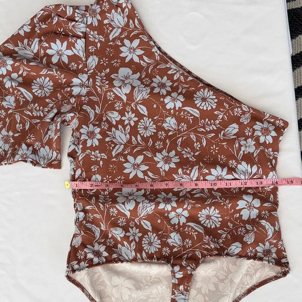 Free People Somethin Bout You One Shoulder Floral Bodysuit Java Puff Sleeve M